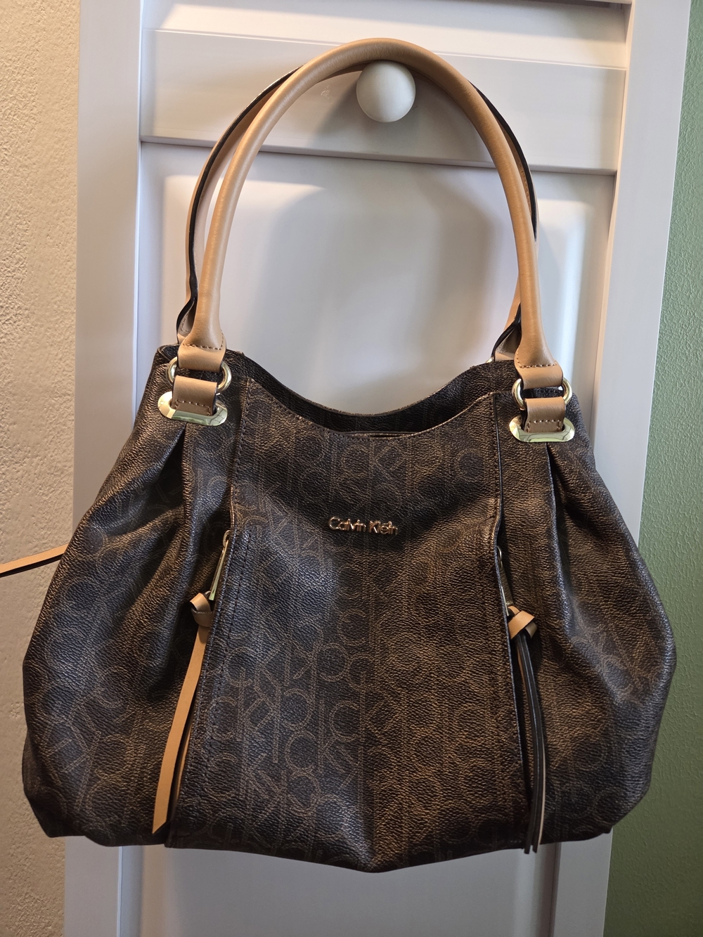 Calvin Klein Brown Monogram Tote Bag with Tan Handles